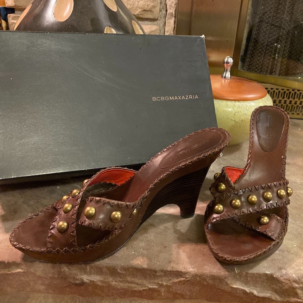 BCBGmaxazria bronze embelleshed mules